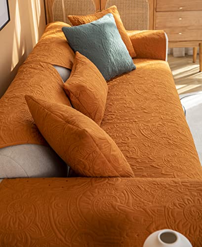 Vctops Boho Floral Embroidery Sofa Couch Covers Super Soft Comfy Cotton Quilted Sectional Couch Cover Non Slip Sofa Slipcover Furniture Protector For Living Room (Orange,43"X82") #TOP4