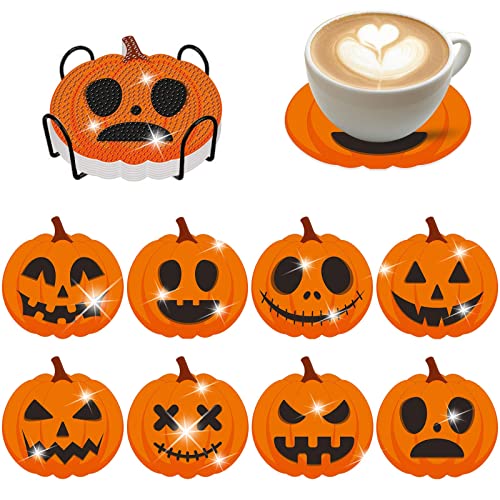 8Pcs Halloween Pumpkin Diamond Painting Coasters With Holder Diy Halloween Pumpkin Diamond Art Coasters 5D Diamond Coasters Acrylic Round Cup Coaster With Cork Pads For Adults #TOP6