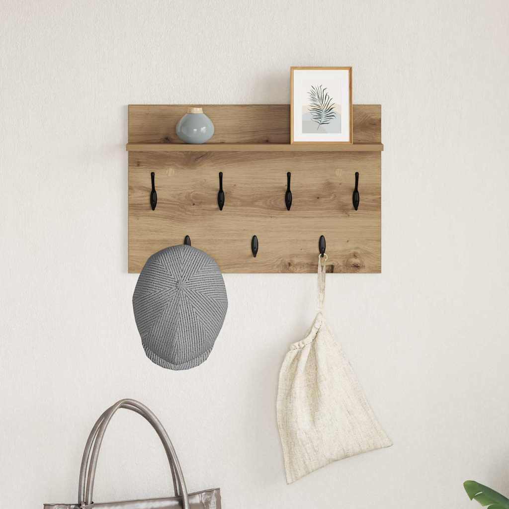Wieszak na ubrania montowany na ścianie, dąb Artisan, 60 x 40 x 12 cm, z haczykami, regałem, materiałem drewnopochodnym, do korytarza, przedpokoju