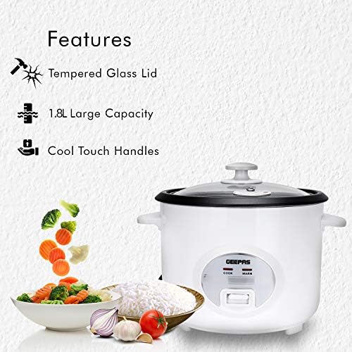 Geepas Rice Cooker & Steamer with Keep Warm Function, 1.8L | 700W, Automatic Cooking, Non-Stick Inner Pot | Easy Cleaning, Make Rice & Steam Healthy Food & Vegetables Includes Measuring Cup & Spatula
