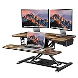 SANODESK Standing Desk Converter with Electric Motor 35' Height Adjustable Desk Riser for Office Home,Monitor and Laptop Workstation with Large Keyboard Tray, Rustic Color