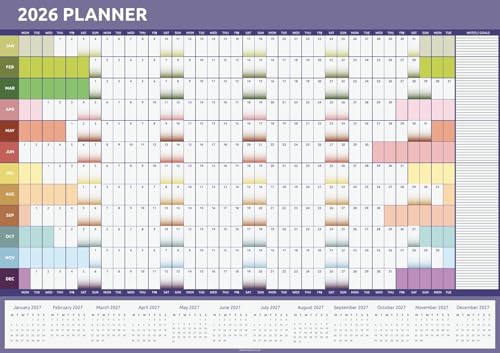 A1 Wall Planner 2026 UK - Full Year to View Calendar for Home Office School Teacher - 84cm x 59cm Large Family Yearly Wall Chart (Rainbow)