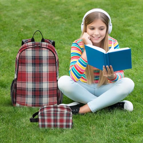 Plaid Red White Black Backpack for School Boys Girls and Teens, Backpack for Men and Women, Lightweight Bookbag with Lunch Box Travel Laptop Daypack 18.5 x 11.8 In2