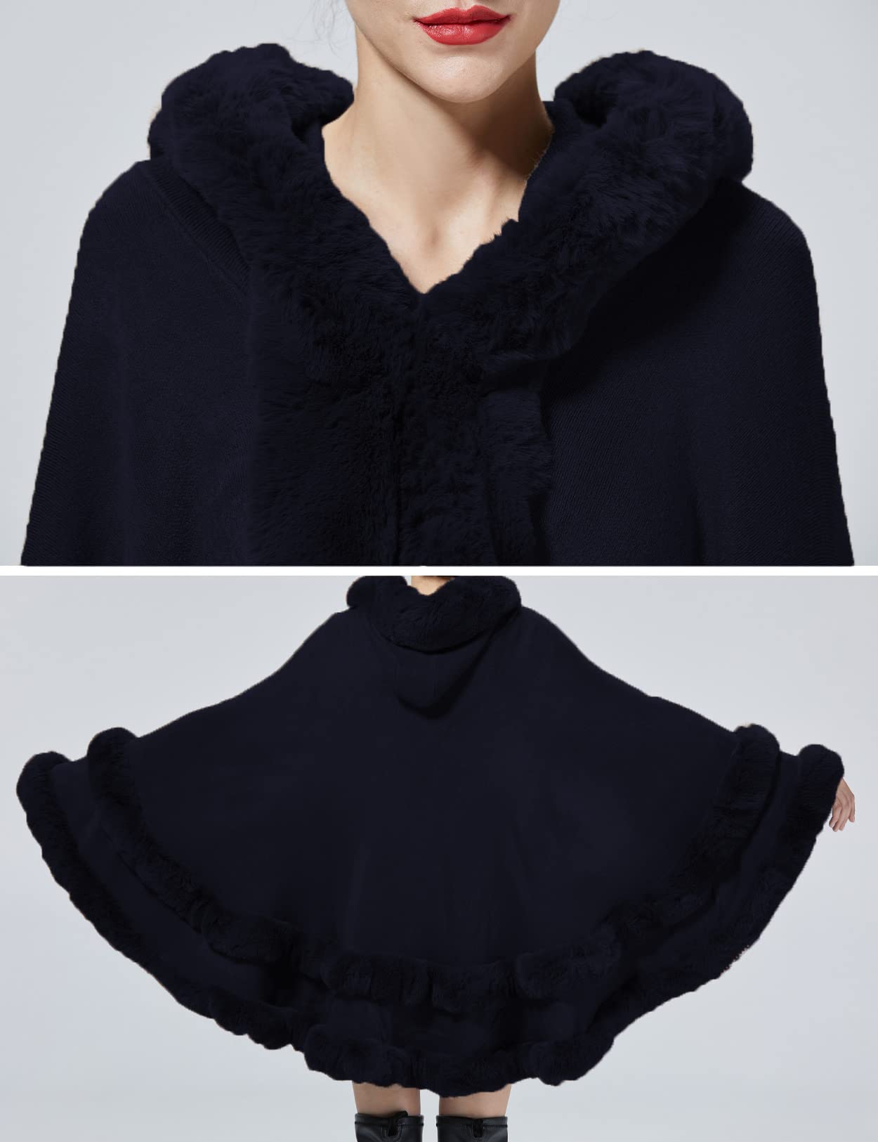 BEAUTELICATE Poncho Mantella Lavorato a Maglia con Cappuccio in Pelliccia Sintetica Scialle Stola Cappotto Cardigan Donna per Matrimonio Invernale Festa