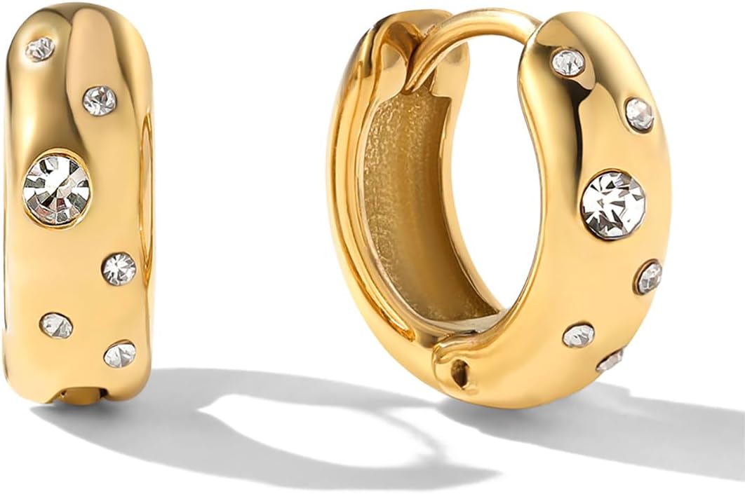 Gold Huggie Hoop Earrings for Women, Tarnish-Resistant 18K Gold Plated Stainless Steel with Cubic Zirconia Crystal Diamond