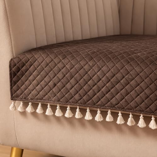 Image of HOMEMONDE 2 Seater Quilted Velvet Sofa Cover with Tassels |Soft, Durable & Premium Fabric with Tassels | Sofa Cover Mats for Living Room, Bedroom, Drawing Room & Office (76 X 122 CM, Brown)