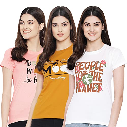 Image of Preneum Women's Cotton Regular Fit Graphic Printed T-Shirt | Trendy Stylish Casual Round Neck Short Sleeve Tee | Soft & Breathable | Pack of 3