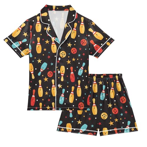 ALAZA Color Bowling Cartoon Satin Pajamas Set Short Sleeve Button Down Sleepwear Summer Pjs 2 Piece