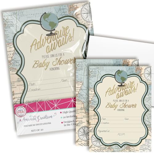 Adventure Awaits World Traveler Gender Neutral Baby Shower Invitations, 20 5x7 Fill In Cards with Twenty White Envelopes by AmandaCreation
