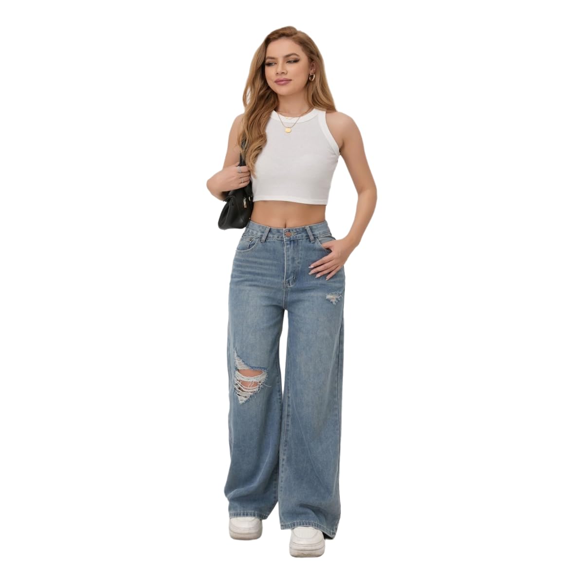 Jeans Donna Strappati A Gamba Retta, Comodi, Eleganti E Versatili per Le Donne -Blu Chiaro-l
