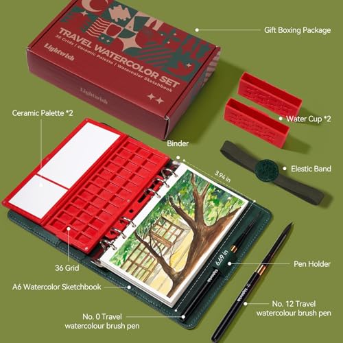 Portable Watercolor Sketchbook Set - 100% Cotton Hot Press 6.7x3.9 Inch Binder Art Journal with 36-Well Ceramic Paint Palette & 2 Travel Watercolor Brushes for Artists Outdoor Painting - Thumbnail 5