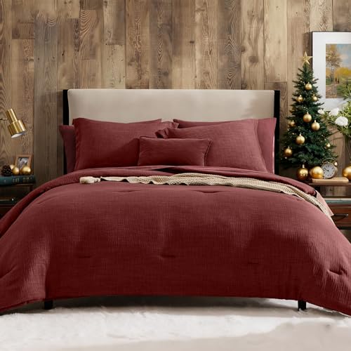Geniospin King Comforter Set - 7 Pieces Comforter King Size, Soft Solid Bedding Set for All Season, Dark Red Textured Bed in a Bag with Sheets, Pillowcases & Shams