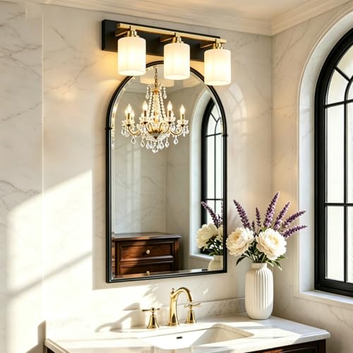 Image of Modern Bathroom Lighting Fixtures Over Mirror, Vanity Lights for Bathroom, Wall Sconces with Milky White Glass Shades, E26 Ceramic Socket, 3-Light 20-inch Black and Gold