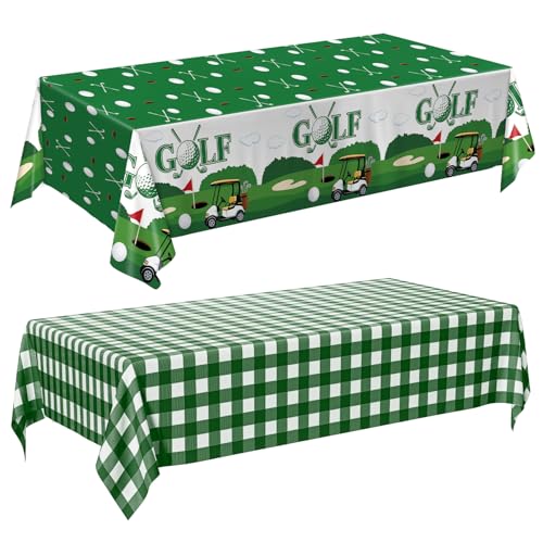 Image of QIYANPAX 4 Pack Golf Party Tablecloths - Green Gingham Tablecloth and Golf-Themed Plastic Table Covers Disposable Tablecloths for Birthday Outdoor Party Decorations, 54 x 108 Inch