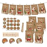 El paquete incluye: recibirás 24 bolsas de papel con calendario de Navidad, cuerda de cáñamo de 10 m y 24 calcomanías diseñadas para calendario de Adviento y 24 piezas de madera natural con clip de madera de resorte de metal.