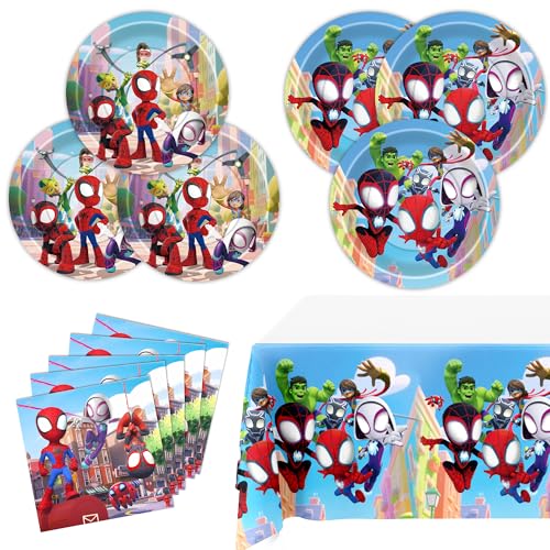Spidey Party Supplies 61 pcs Party Decorations include 2 Different Style Paper Plates 1 Large Tablecloth and Napkins for Boys Girls Decor Serve 20+ Guest