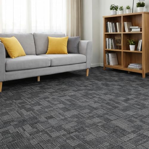 SUWUYUE Carpet Tiles 24 x 24 Inches, 18 Tiles 72 Sqft, Non Slip Commercial Carpet Squares, Removable Floor Tiles for Office Living Room Basement Home Gym, Easy DIY Installation, Dark Gray