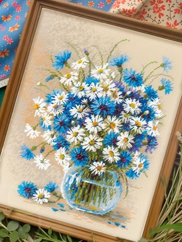 Image of RIOLIS - Daisies and Cornflowers 2249, Floral Cross Stitch Kits 9 inchx11, Cross Stitch Kits for Beginners & Advanced, Crossstitching Kits Adult, Counted Stitching Kits, Embroidery Kit