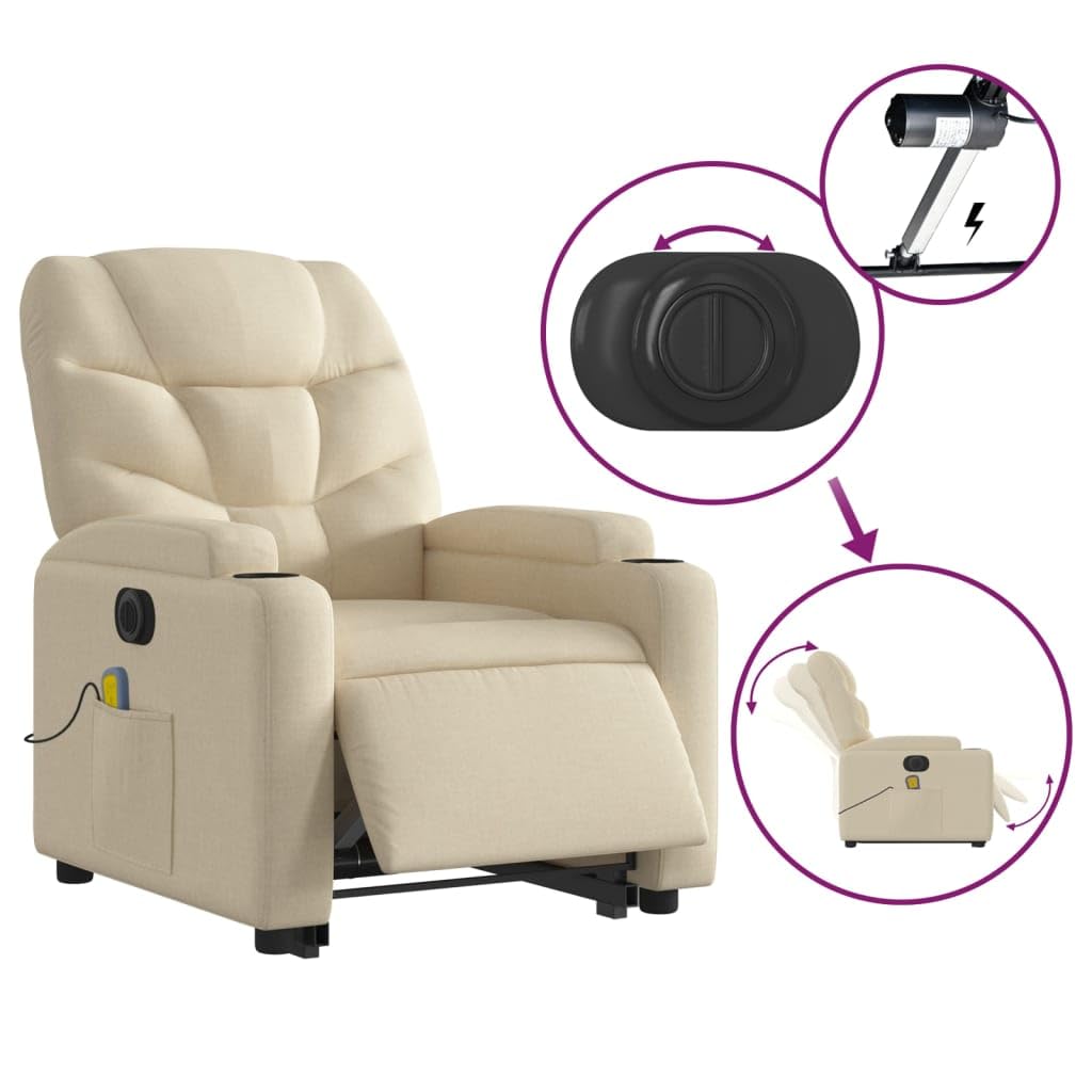 Sillón elevador eléctrico reclinable de tela crema con 6 puntos de vibración y función de elevación automática para un asiento cómodo y relajación total