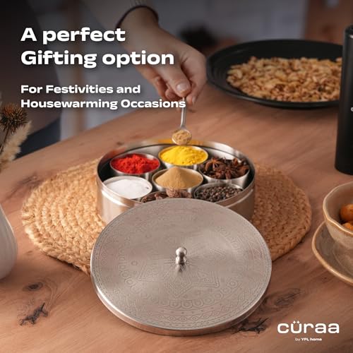 Image of CURAA Stainless Steel Masala Dani | By Chef Sanjyot Keer | Masala Box for Kitchen with Spoon (Pure Steel, 7 Detachable containers, 100 ML) | Spice Storage Container | Spice Box for Kitchen Gift