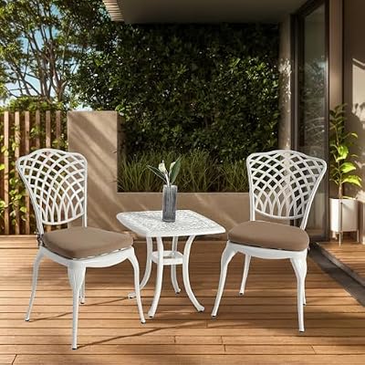 ROCKRAIN 3-Piece Outdoor Bistro Set: Rustproof Aluminum Patio Furniture for Small Space Balcony - Modern Compact Design with Cushioned Seating for Urban Apartment Renters