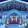 Blue and White Christmas Lights Outdoor, 33ft 400 LED Icicle Lights for Outside, Plug in Twinkle Lights with Clear Wire 8 Modes Timer Waterproof for House Holiday Xmas Patio Porch Exterior Decorations