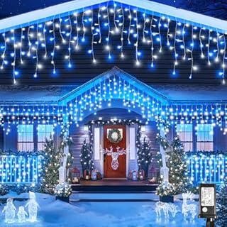 Blue and White Christmas Lights Outdoor, 33ft 400 LED Icicle Lights for Outside, Plug in Twinkle Lights with Clear Wire 8 Modes Timer Waterproof for House Holiday Xmas Patio Porch Exterior Decorations