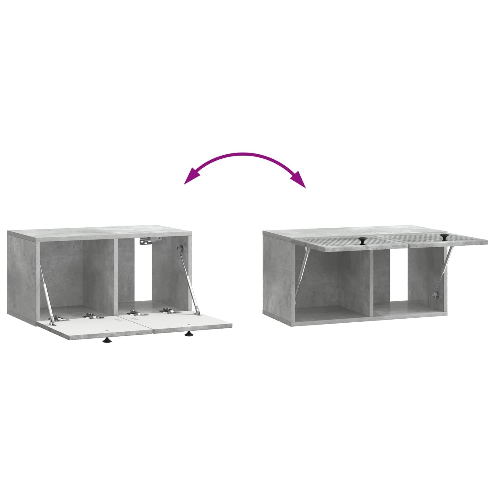 Szafka RTV montowana na ścianie betonowy szary, nowoczesna szafka telewizyjna z dużą przestrzenią do przechowywania, minimalistyczny design z drzwiami i metalowymi gałkami, łatwy