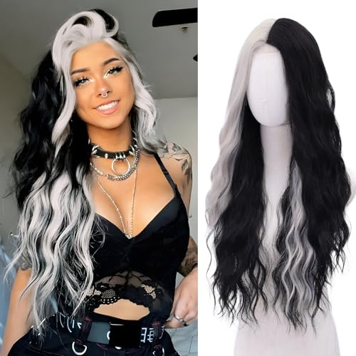 WECAN Black and White Wig-Long White and Black Wigs for Women Natural Wavy Synthetic Wig Heat Resistant Fiber Wigs for Daily Party Halloween Cosplay