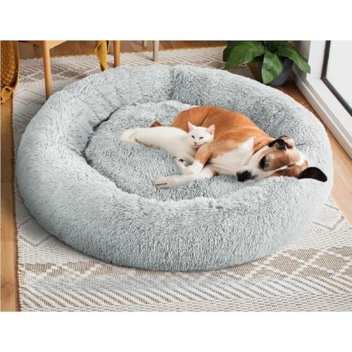 Image of ZEXSAZONE Summer Round Donut Pet Bed for Cats and Puppies Dogs Mat Cozy and Plush Raised Bedside Support Both Sides Use Like 2 in One Washable Sizes for Small Medium and Large Pets Grey Large