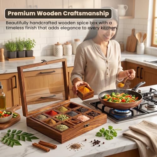 Image of Wooden Spice Box for Kitchen | Sheesham Wood Masala Dabba with 12 Containers | Spice Organizer with Glass Lid, Safety Lock & Wooden Spoon | Masala Dani /Namak Dani Storage Box for Home & Kitchen