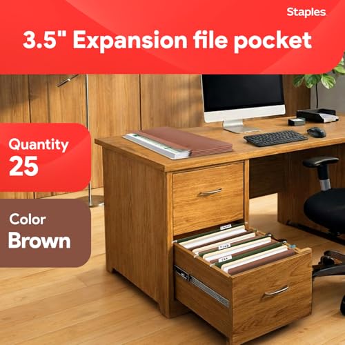 Staples Reinforced File Pockets, Letter Size, 3.5‑Inch Expansion, Heavy‑Duty Brown Accordion Files for Organization – 25/Pack by STAPLES - Image 2