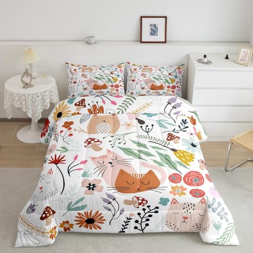 Erosebridal Cartoon Cat Comforter Set Floral Twin Bedding Sets for Boys,Cute Animal Kitten Quilt Rainbow Plant Leaves Toddler Duvet Insert for Girls Kids,Watercolor Mushroom Flowers Kawaii R