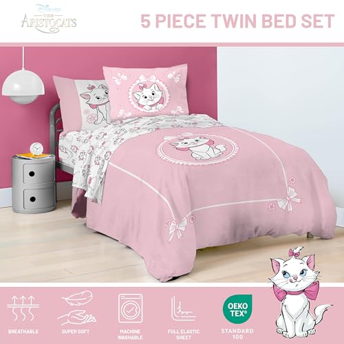 Image of Disney Aristocats Marie Twin Comforter Set 5 Piece Kids Bedding, Pink | Bed in a Bag, Comforter Sheets Sham Pillowcase, Official Brand, Soft Microfiber, Machine Washable, Easy Care, Girls Gift