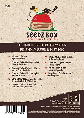 Hamster Food Seed and Nut Feed Mix 1kg - SeedzBox Deluxe Hamster Forage Food - Natural Healthy Food For Pet Hamsters Gerbils and Mice - Sunflower Seeds Peanuts Maize Barley and Vitamin C