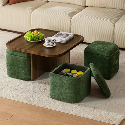Square Coffee Table with Stools Underneath, Wood Ottoman Coffee Tables with 4 Chenille Storage...