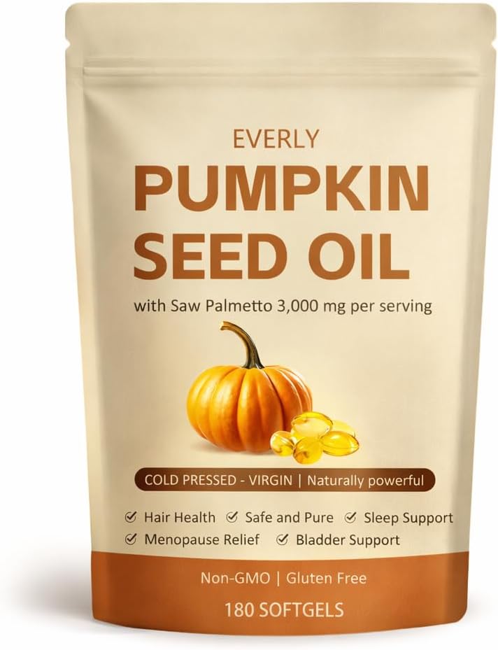Everly Pumpkin Seed Oil with Saw Palmetto,Cold Pressed, Pure Virgin Oil,Essential Fatty Acids, & Phytosterols | Non-GMO,180 SOFTGELS