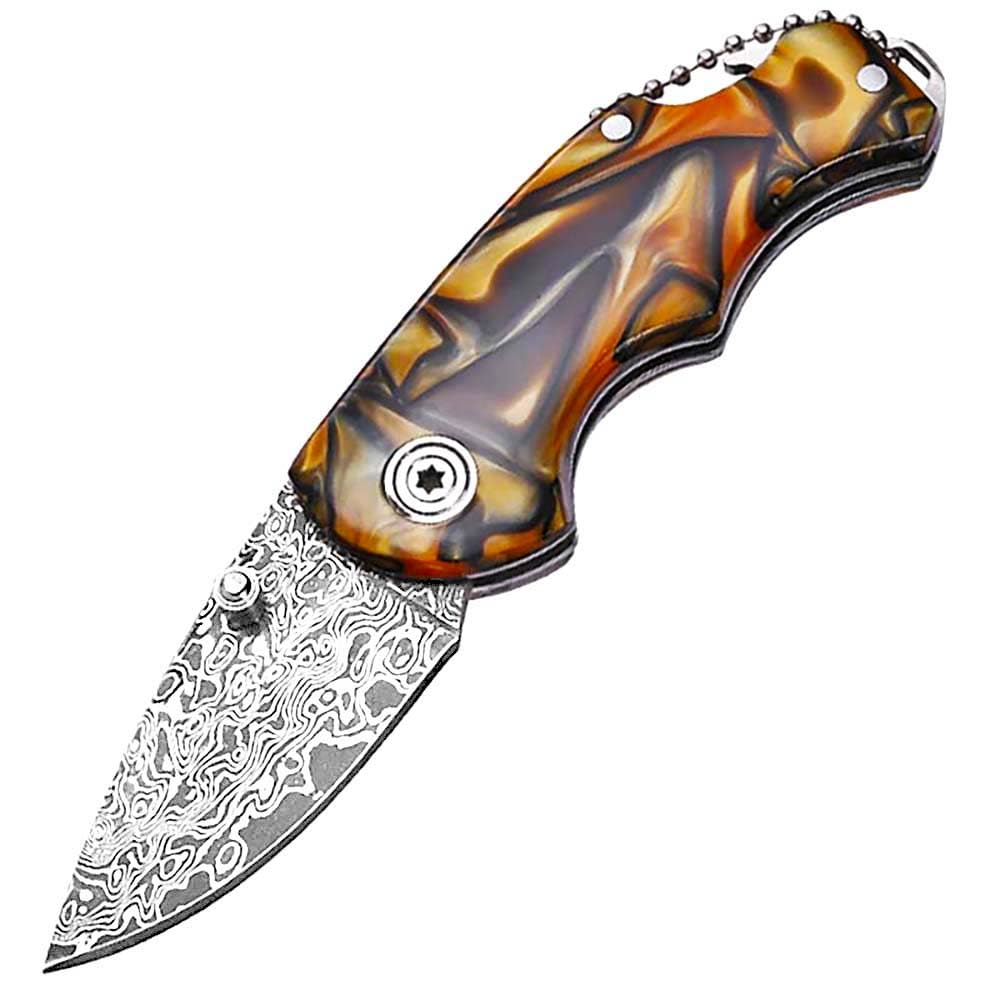 Klappmesser 5.5" Taschenmesser Damast Aus Damaszener Damaststahl & Harz, Klein Outdoor Messer Survival Jagdmesser, Scharfes Einhandmesser, Damastmesser, Multi Hals Messer Neck Knife EDC Schlüsselring