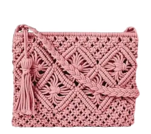 Sac à bandoulière en macramé rose tressé main avec pompons élégants
