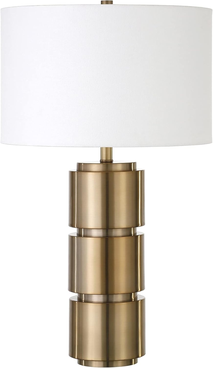 Henn&Hart 27" Mid-Century Modern 1-Light Table Lamp with White Fabric Drum Shade for Living Room, Bedroom, or Office, Brass