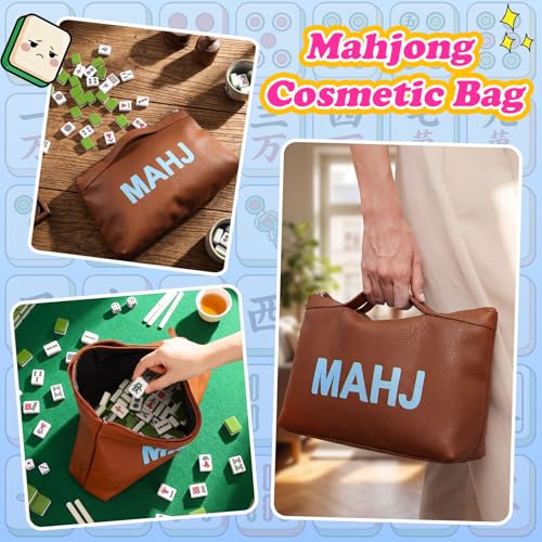 Bolsa de cuero para fichas Mahjong con cierre y asa, marrón miniatura 3
