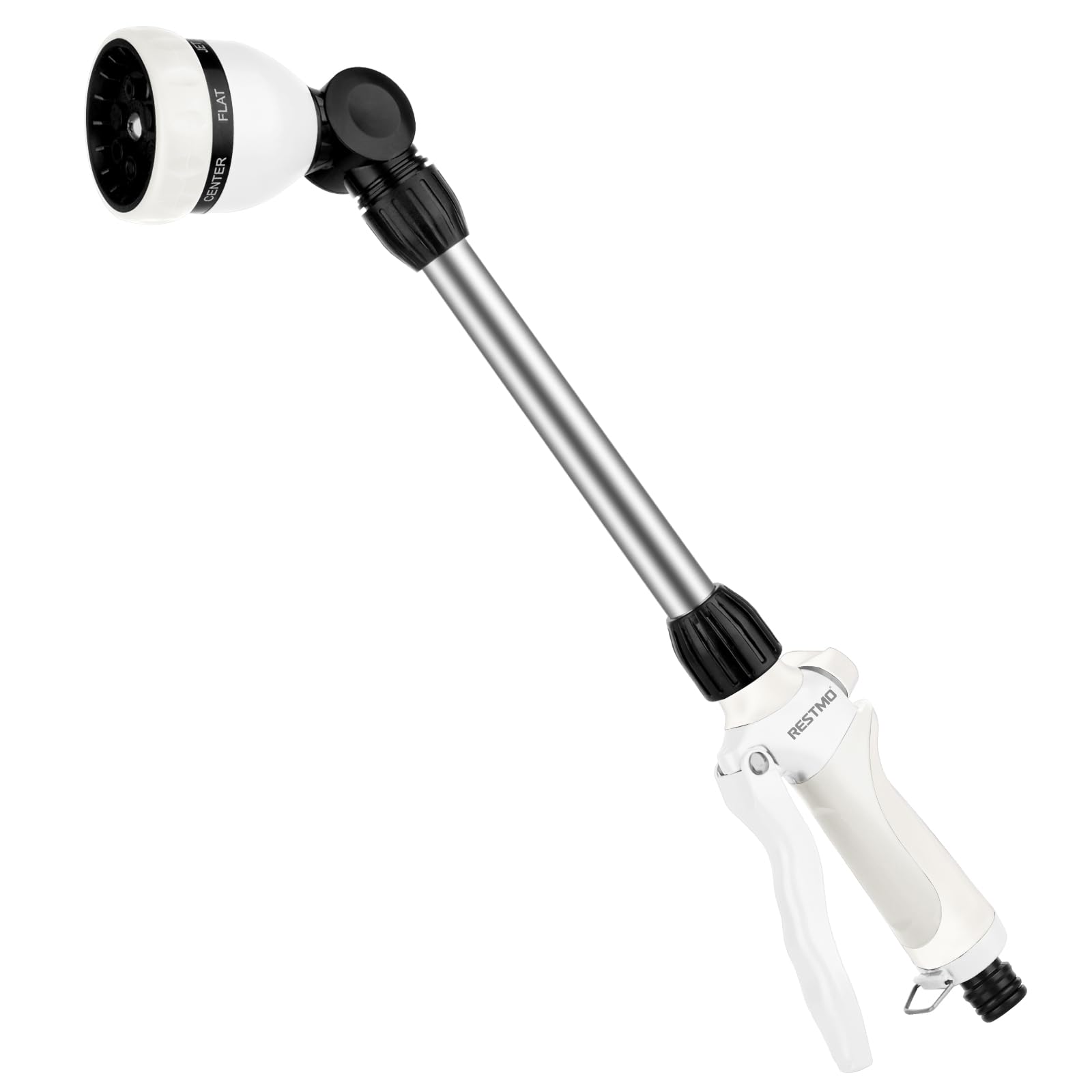 RESTMO Arroseur de Jardin en Métal, 42 cm de Long, avec Manche, Tête Pivotante à 180°, avec Contrôle du Débit, 7 Modes de Pulvérisation, Baguette Magique pour Suspensions de Fleurs et Arbustes, Blanc