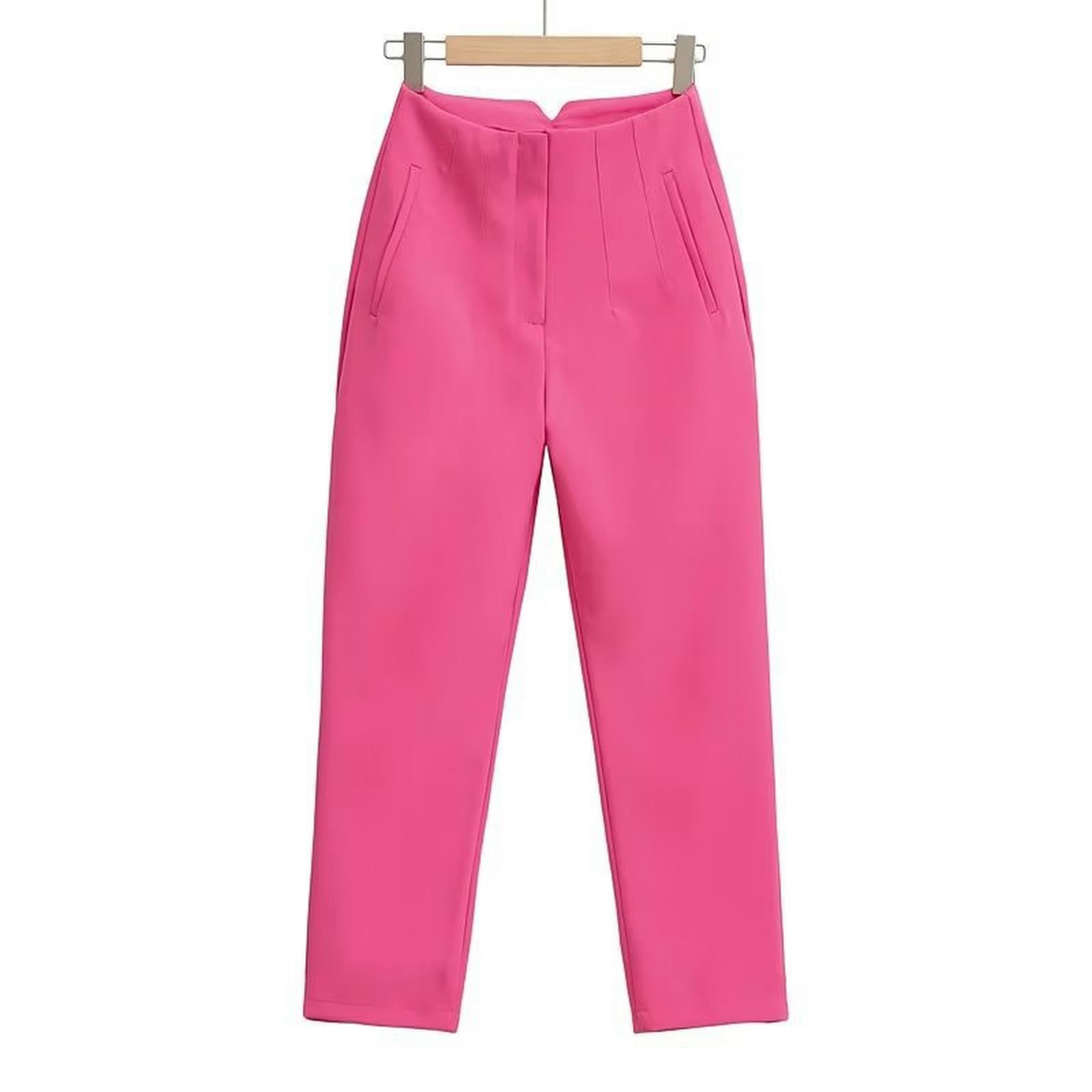 Pantalon décontracté femme rose bonbon plissé taille haute en L
