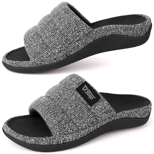 V.Step Orthopedic Slippers with Arch Support for Women Men, Orthotic Bedroom Slippers Slides for Plantar Fasciitis,Open Toe Slip on House Shoes Indoor Outdoor for Ladies, Foot Pain Relief (Black, Adult, Men, 9, Numeric, US Footwear Size System, Medium)