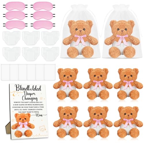 ACMEE 25 Pack Baby Shower Games Blindfold Diaper Changing Kit - 12 Inch Bear Dolls with Diapers, Fun Bridal Shower & Gender Reveal Games Supplies, Group Activity for Adults(Pink) by Acmee - Used condition - US$28.49