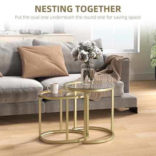 HOMCOM Contemporary Coffee Table Duo, Nesting Tables with Steel Framework and Tempered Glass Top, Side Tables for Living Room and Bedroom, Gold and Clear - Image 4