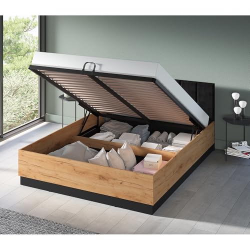 Lomadox Schlafzimmer Komplettset inkl. Bett 160x200 cm Bettkasten Kleiderschrank Kommode Wandregal Nachttische in Eiche mit schwarz – Bild 7