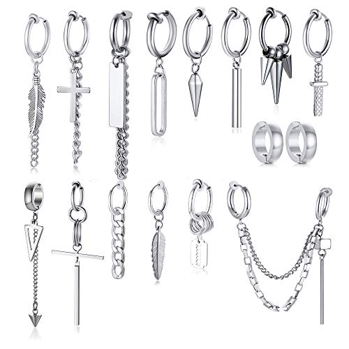 Vnox 16 Pieces Hoop Dangle Clip On Earrings/Non Piercing Stainless Steel Hinged Earrings Long Chain Dangle Earrings For Men Women #TOP21