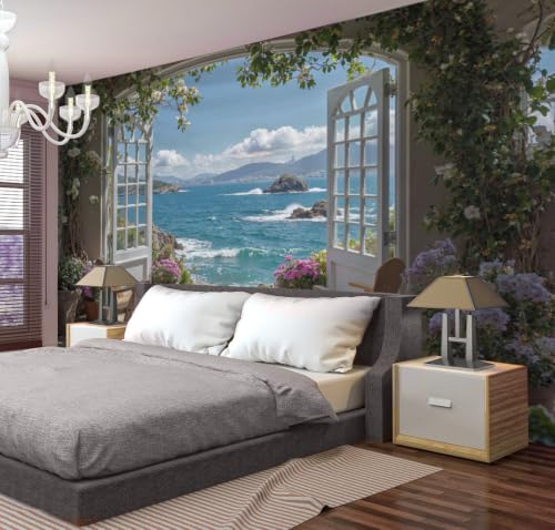 Tapiz de pared decorativo de 200x150cm con diseño artístico de acantilados y flores azul claro 5