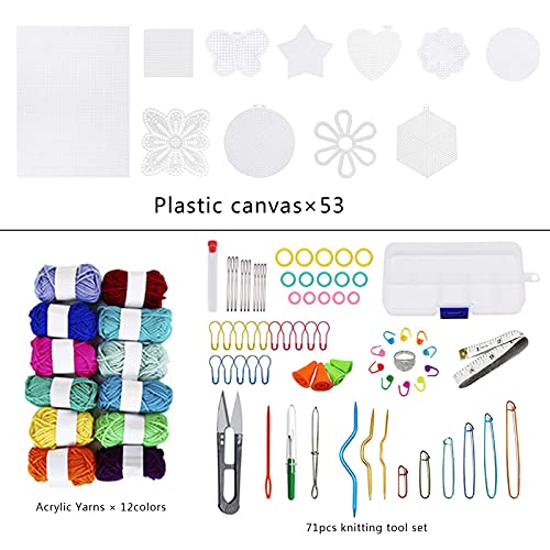 Image of Aulufft 53 Pieces Mesh Plastic Canvas Kit Including 11 Shapes Clear Plastic Sheets and Embroidery Tools for Embroidery, Knit, Yarn Crafting
